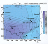 Koncentracja 7Be w przyziemnej warstwie powierzchniowej w okresie zimowym na przeomie 1999/2000. Oznaczenie wykresu: stopnie szerokoci i dugoci geograficznej